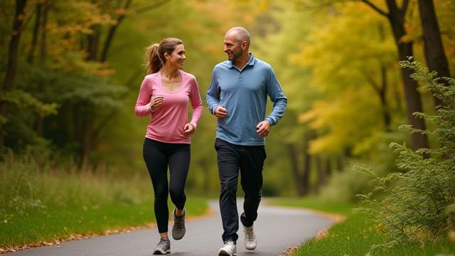 A couple enjoying a refreshing hike on a scenic trail in a lush park, suggestive of local Philadelphia outdoor activities.