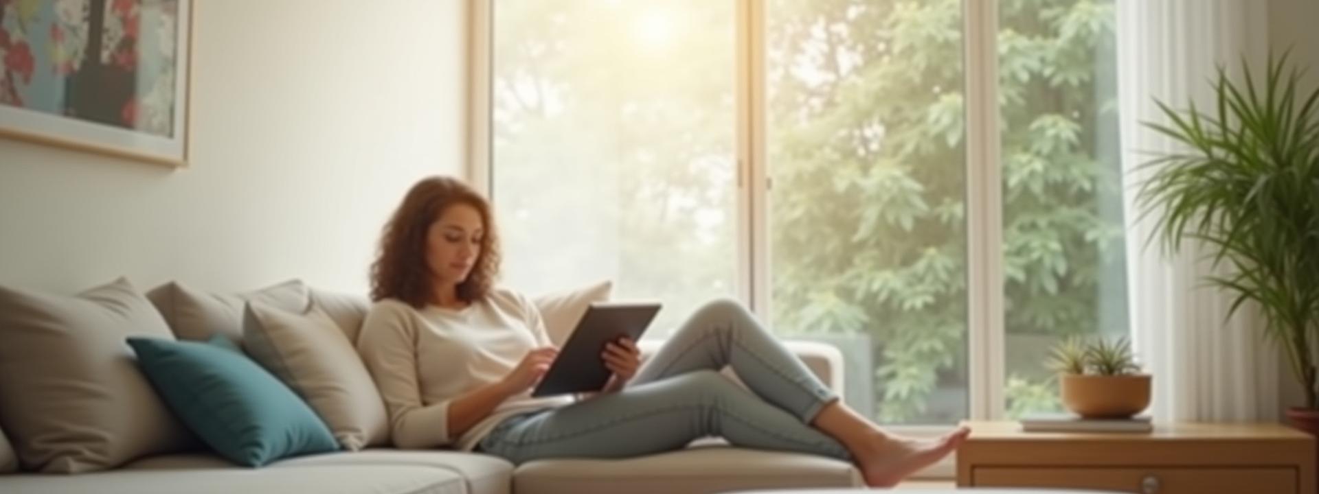A person comfortably reading a book or tablet in a calm, modern living space, bathed in soft, natural light, symbolizing learning and well-being.