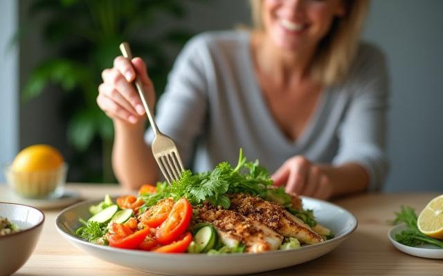 A woman enjoying a healthy meal, possibly after a fasting period.